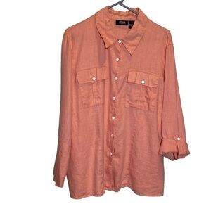 Allison Morgan plus size 1X LINEN peach long sleeve roll tab pockets button up